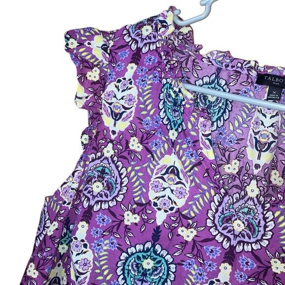 Talbots Purple Paisley V-neck Flutter Sleeve 100% cotton top size X #755 - Picture 8 of 9
